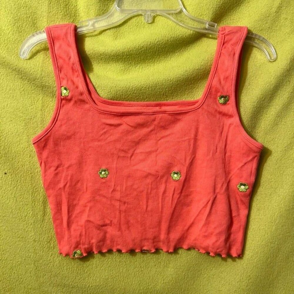 Homegirl Society Floral Orange Crop Tank Top L Square neck Scallop